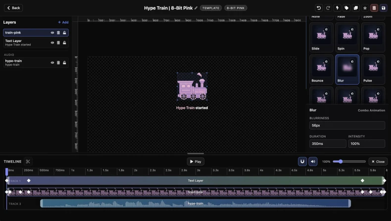 Animate tab with In, Out, and Combo animation controls