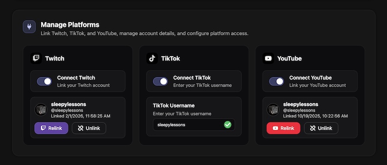 SleepyChat Manage Platforms Dashbaord section