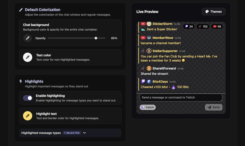 SleepyChat Live Preview & Color Customization section