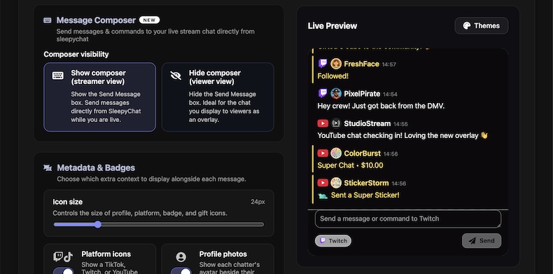 SleepyChat Live Preview & Color Customization section