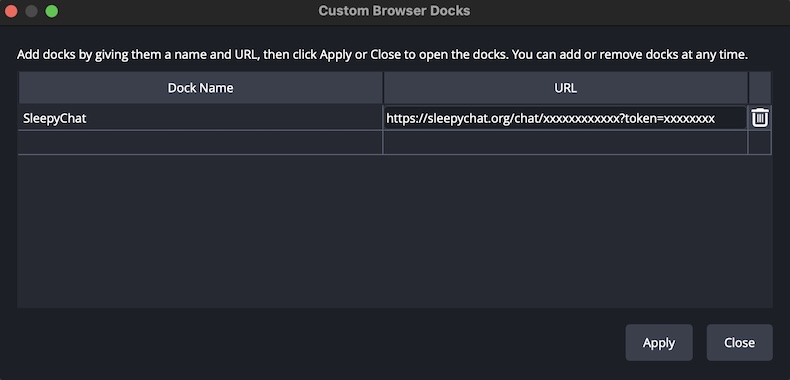 OBS Custom Browser Docks setup section