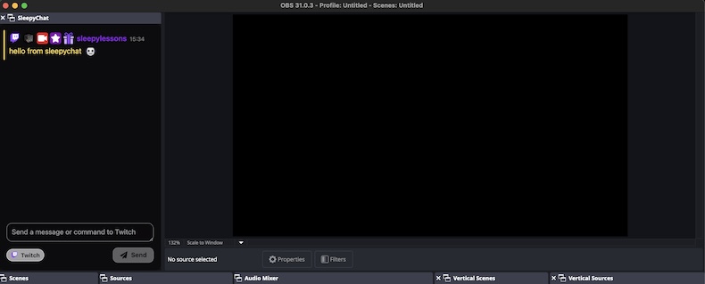 A view of OBS with a custom browser dock for sleepychat positioned on the left side