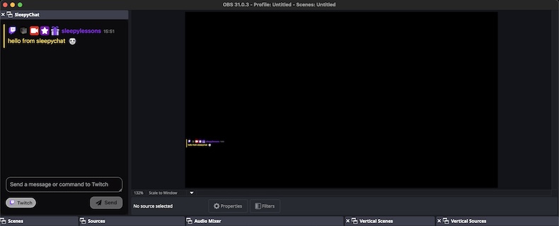 A view of OBS with a custom browser dock & browser sources for sleepychat