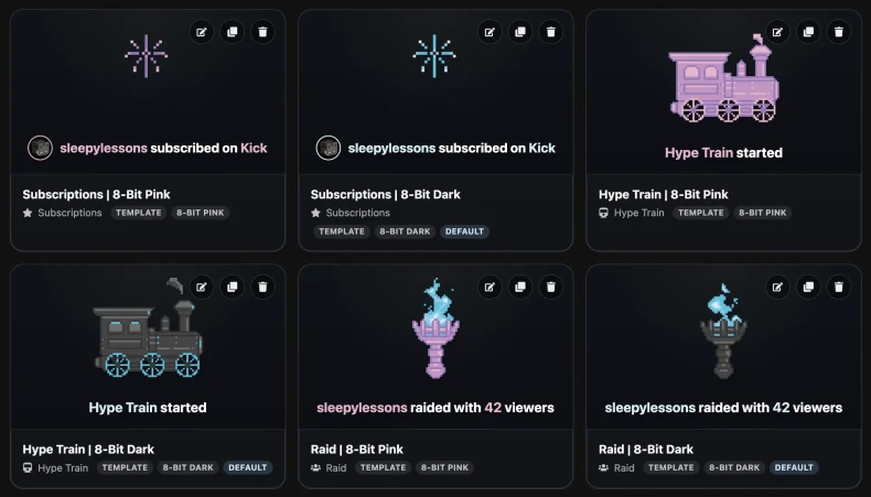 SleepyChat overlays dashboard showing multi-stream widgets and overlays