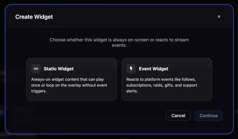 Widget creation flow for choosing an event type and starting point
