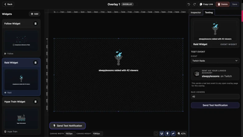 Send test notification controls for previewing an overlay alert