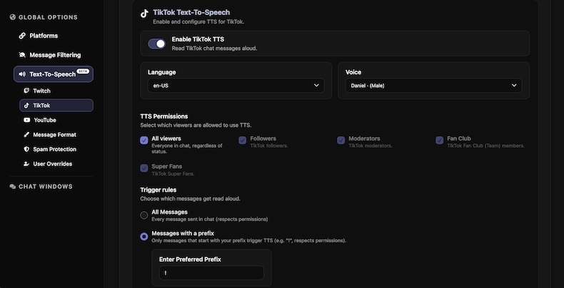 Platform-specific Text-To-Speech toggles