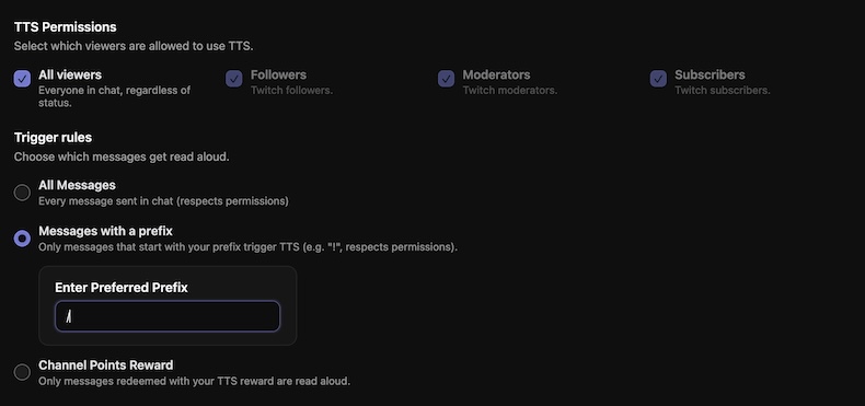 TTS Permissions, Trigger Rules, and prefix option